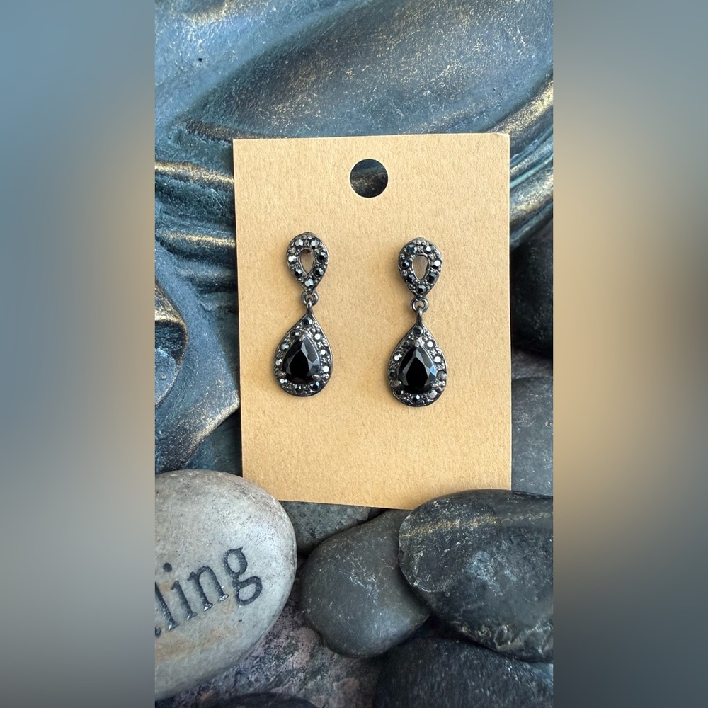 Vintage Monet black Marcasite Dangling Earrings. Stamped Monet. Never worn